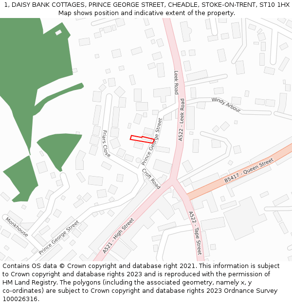 1, DAISY BANK COTTAGES, PRINCE GEORGE STREET, CHEADLE, STOKE-ON-TRENT, ST10 1HX: Location map and indicative extent of plot