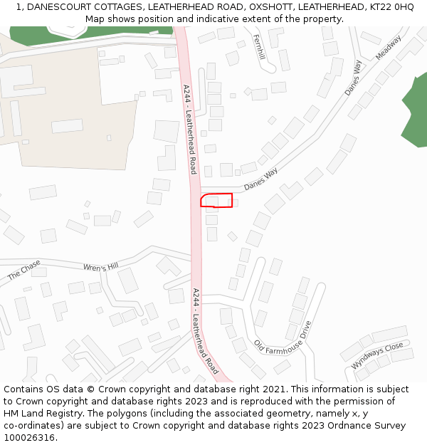 1, DANESCOURT COTTAGES, LEATHERHEAD ROAD, OXSHOTT, LEATHERHEAD, KT22 0HQ: Location map and indicative extent of plot