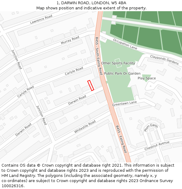 1, DARWIN ROAD, LONDON, W5 4BA: Location map and indicative extent of plot
