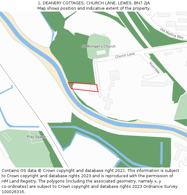 1, DEANERY COTTAGES, CHURCH LANE, LEWES, BN7 2JA: Location map and indicative extent of plot