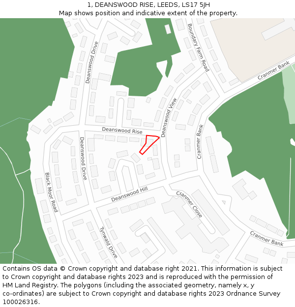 1, DEANSWOOD RISE, LEEDS, LS17 5JH: Location map and indicative extent of plot