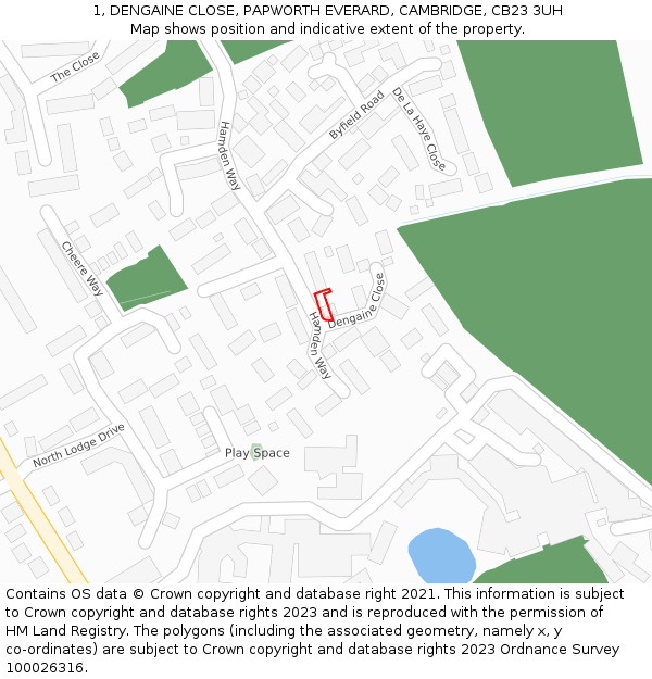 1, DENGAINE CLOSE, PAPWORTH EVERARD, CAMBRIDGE, CB23 3UH: Location map and indicative extent of plot