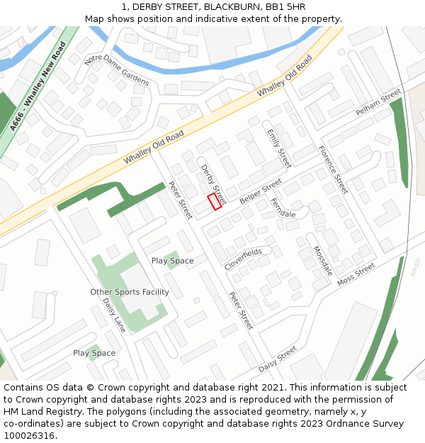 1, DERBY STREET, BLACKBURN, BB1 5HR: Location map and indicative extent of plot
