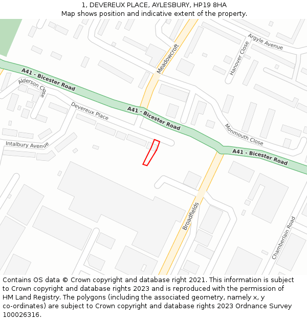 1, DEVEREUX PLACE, AYLESBURY, HP19 8HA: Location map and indicative extent of plot