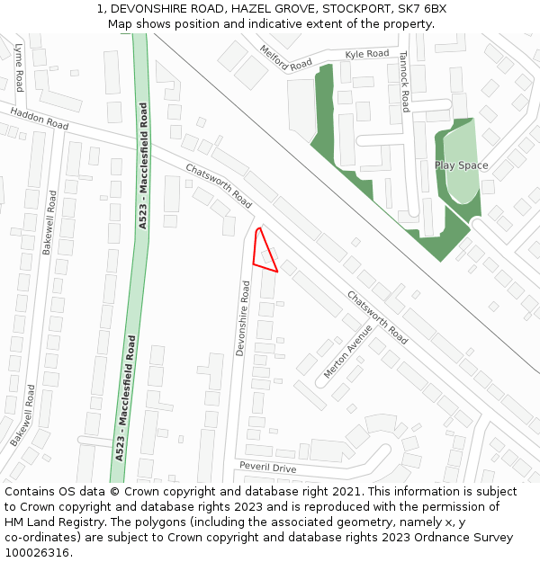 1, DEVONSHIRE ROAD, HAZEL GROVE, STOCKPORT, SK7 6BX: Location map and indicative extent of plot