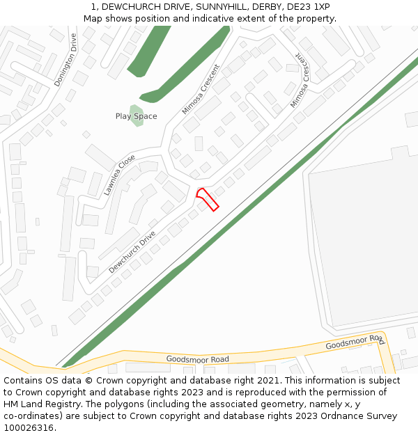 1, DEWCHURCH DRIVE, SUNNYHILL, DERBY, DE23 1XP: Location map and indicative extent of plot