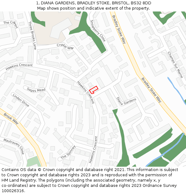 1, DIANA GARDENS, BRADLEY STOKE, BRISTOL, BS32 8DD: Location map and indicative extent of plot
