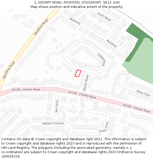 1, DISTAFF ROAD, POYNTON, STOCKPORT, SK12 1HN: Location map and indicative extent of plot