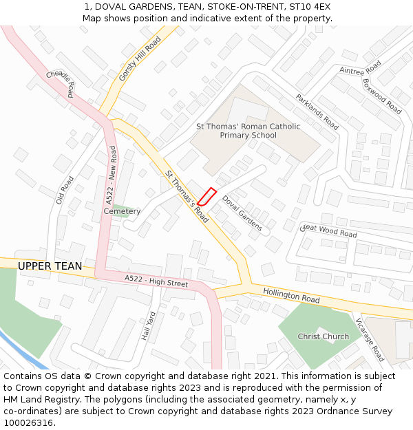 1, DOVAL GARDENS, TEAN, STOKE-ON-TRENT, ST10 4EX: Location map and indicative extent of plot