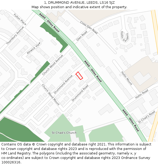 1, DRUMMOND AVENUE, LEEDS, LS16 5JZ: Location map and indicative extent of plot