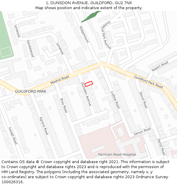 1, DUNSDON AVENUE, GUILDFORD, GU2 7NX: Location map and indicative extent of plot