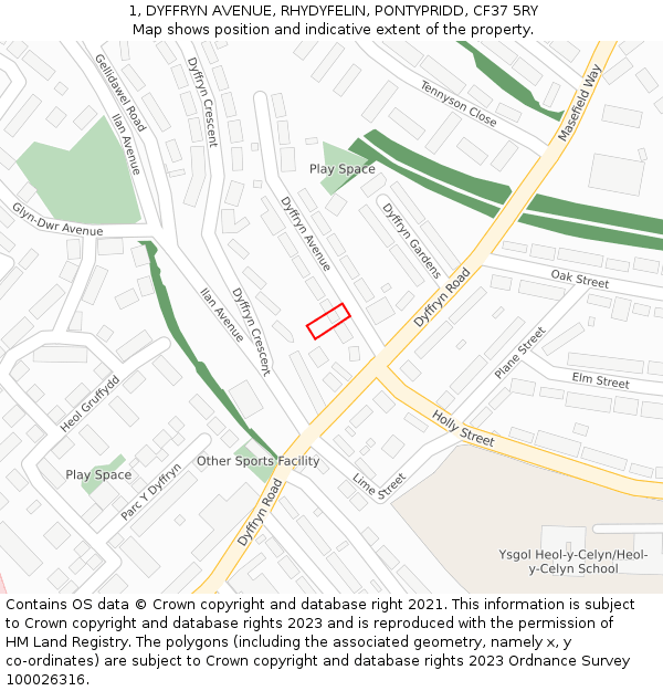 1, DYFFRYN AVENUE, RHYDYFELIN, PONTYPRIDD, CF37 5RY: Location map and indicative extent of plot