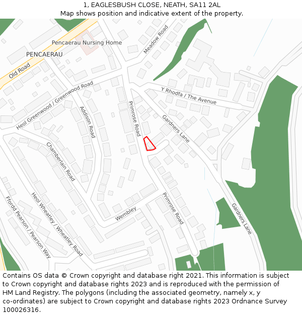 1, EAGLESBUSH CLOSE, NEATH, SA11 2AL: Location map and indicative extent of plot