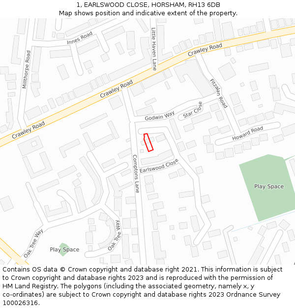 1, EARLSWOOD CLOSE, HORSHAM, RH13 6DB: Location map and indicative extent of plot