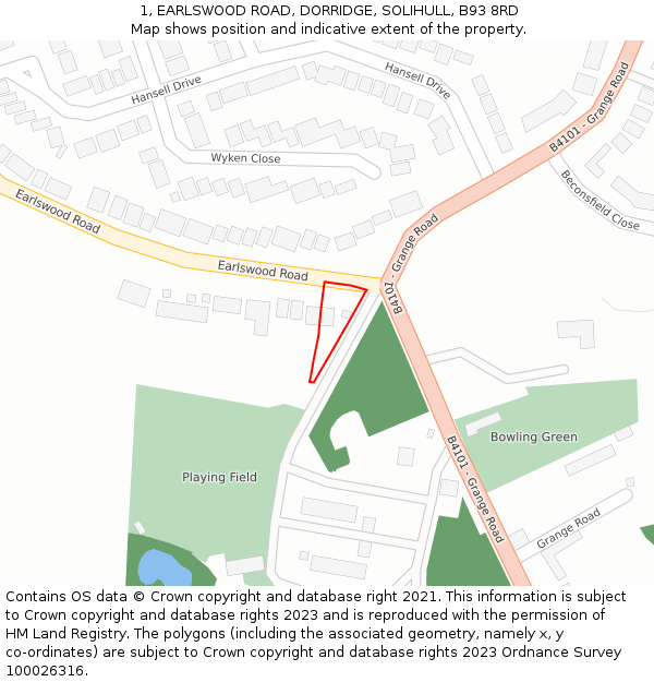 1, EARLSWOOD ROAD, DORRIDGE, SOLIHULL, B93 8RD: Location map and indicative extent of plot
