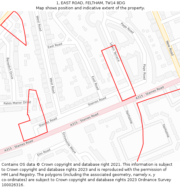 1, EAST ROAD, FELTHAM, TW14 8DG: Location map and indicative extent of plot
