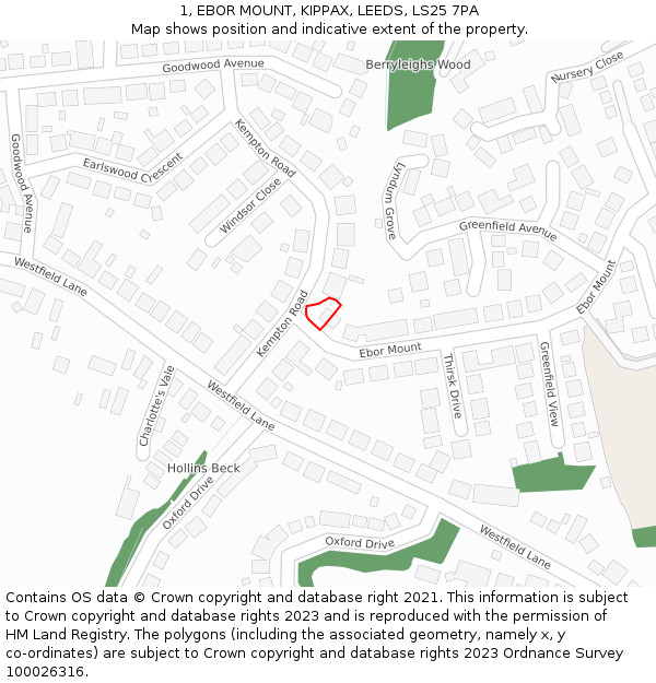 1, EBOR MOUNT, KIPPAX, LEEDS, LS25 7PA: Location map and indicative extent of plot