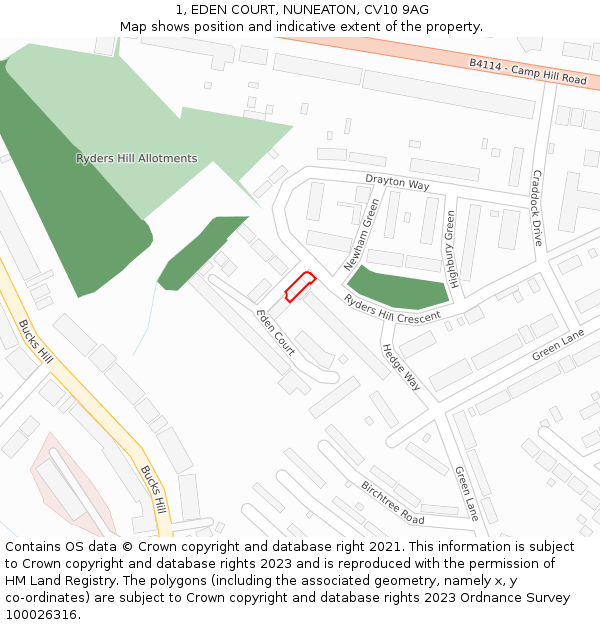 1, EDEN COURT, NUNEATON, CV10 9AG: Location map and indicative extent of plot