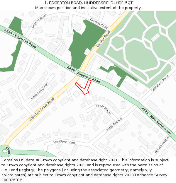 1, EDGERTON ROAD, HUDDERSFIELD, HD1 5QT: Location map and indicative extent of plot