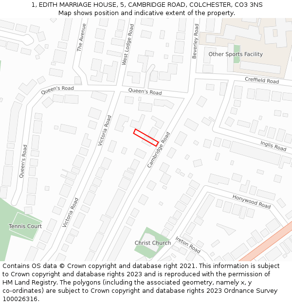 1, EDITH MARRIAGE HOUSE, 5, CAMBRIDGE ROAD, COLCHESTER, CO3 3NS: Location map and indicative extent of plot