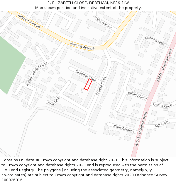 1, ELIZABETH CLOSE, DEREHAM, NR19 1LW: Location map and indicative extent of plot