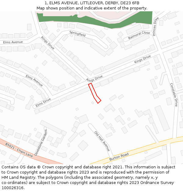 1, ELMS AVENUE, LITTLEOVER, DERBY, DE23 6FB: Location map and indicative extent of plot