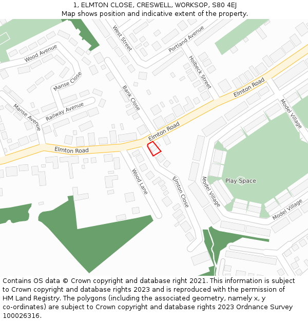 1, ELMTON CLOSE, CRESWELL, WORKSOP, S80 4EJ: Location map and indicative extent of plot