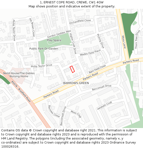 1, ERNEST COPE ROAD, CREWE, CW1 4GW: Location map and indicative extent of plot
