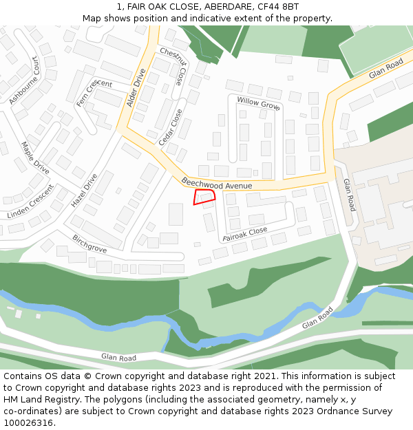 1, FAIR OAK CLOSE, ABERDARE, CF44 8BT: Location map and indicative extent of plot
