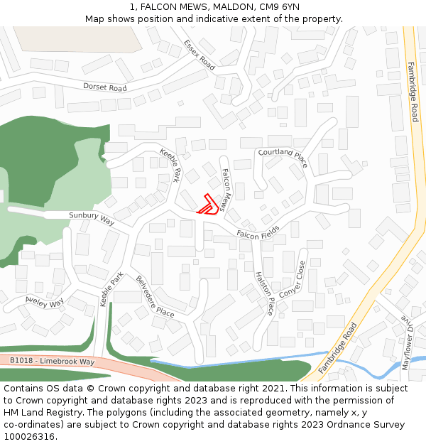 1, FALCON MEWS, MALDON, CM9 6YN: Location map and indicative extent of plot