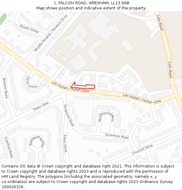 1, FALCON ROAD, WREXHAM, LL13 9AB: Location map and indicative extent of plot