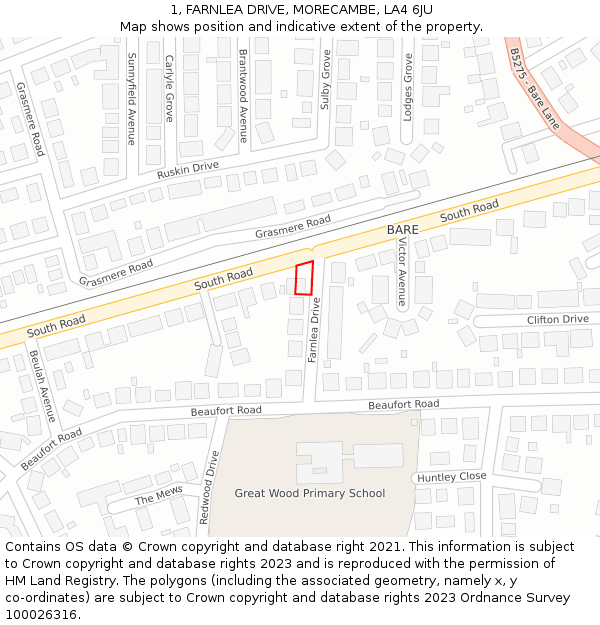 1, FARNLEA DRIVE, MORECAMBE, LA4 6JU: Location map and indicative extent of plot