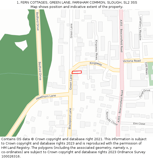 1, FERN COTTAGES, GREEN LANE, FARNHAM COMMON, SLOUGH, SL2 3SS: Location map and indicative extent of plot