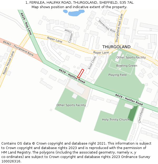 1, FERNLEA, HALIFAX ROAD, THURGOLAND, SHEFFIELD, S35 7AL: Location map and indicative extent of plot