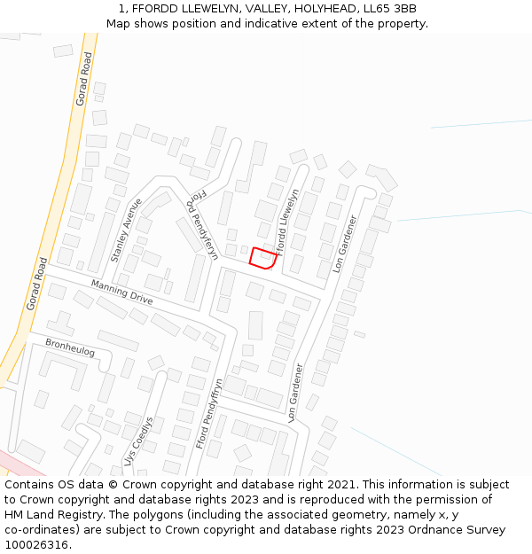1, FFORDD LLEWELYN, VALLEY, HOLYHEAD, LL65 3BB: Location map and indicative extent of plot