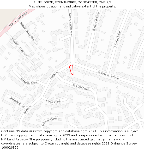 1, FIELDSIDE, EDENTHORPE, DONCASTER, DN3 2JS: Location map and indicative extent of plot