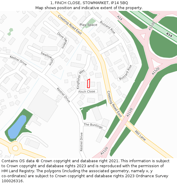1, FINCH CLOSE, STOWMARKET, IP14 5BQ: Location map and indicative extent of plot