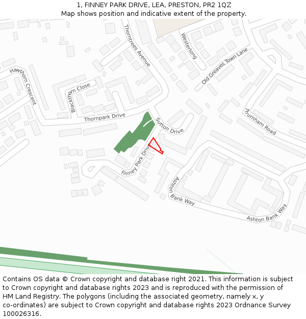 1, FINNEY PARK DRIVE, LEA, PRESTON, PR2 1QZ: Location map and indicative extent of plot