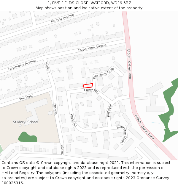 1, FIVE FIELDS CLOSE, WATFORD, WD19 5BZ: Location map and indicative extent of plot