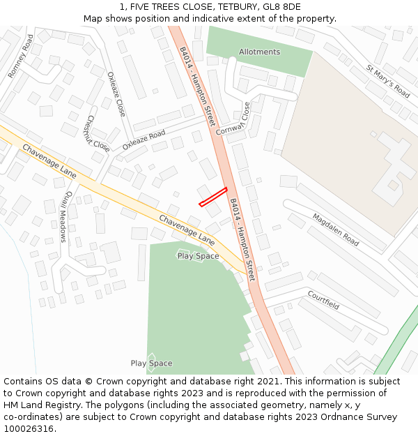 1, FIVE TREES CLOSE, TETBURY, GL8 8DE: Location map and indicative extent of plot