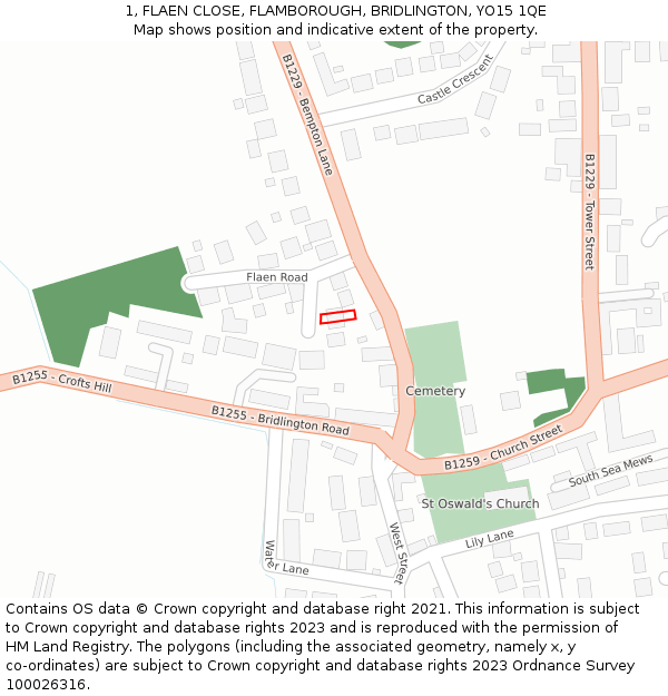 1, FLAEN CLOSE, FLAMBOROUGH, BRIDLINGTON, YO15 1QE: Location map and indicative extent of plot