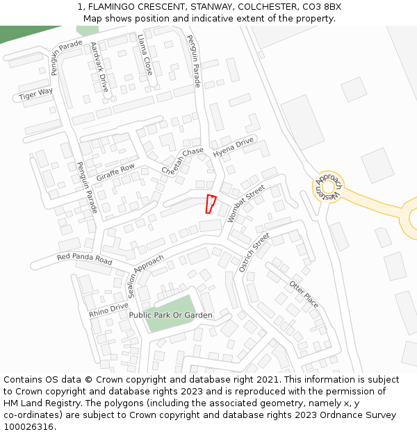 1, FLAMINGO CRESCENT, STANWAY, COLCHESTER, CO3 8BX: Location map and indicative extent of plot