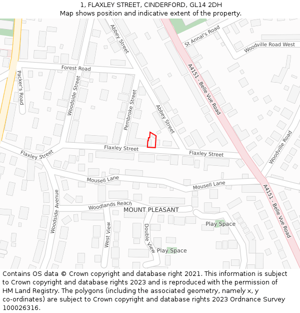 1, FLAXLEY STREET, CINDERFORD, GL14 2DH: Location map and indicative extent of plot
