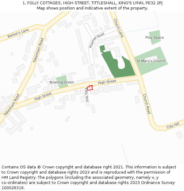 1, FOLLY COTTAGES, HIGH STREET, TITTLESHALL, KING'S LYNN, PE32 2PJ: Location map and indicative extent of plot