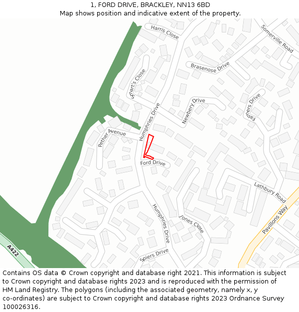 1, FORD DRIVE, BRACKLEY, NN13 6BD: Location map and indicative extent of plot