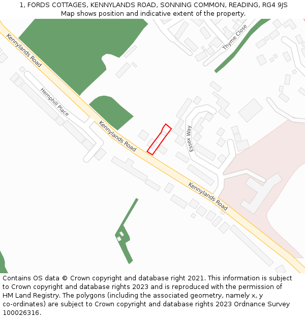 1, FORDS COTTAGES, KENNYLANDS ROAD, SONNING COMMON, READING, RG4 9JS: Location map and indicative extent of plot