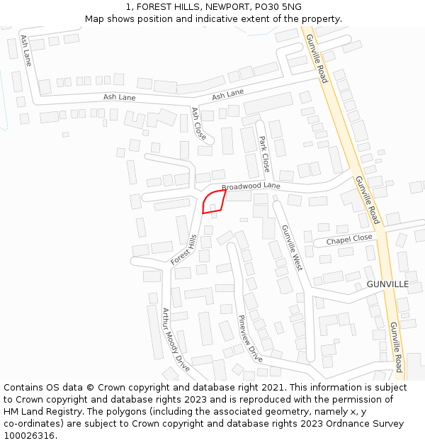1, FOREST HILLS, NEWPORT, PO30 5NG: Location map and indicative extent of plot
