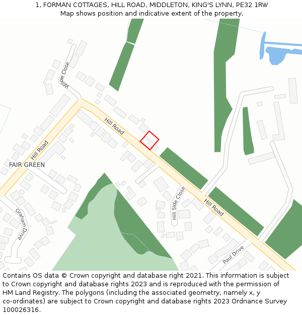 1, FORMAN COTTAGES, HILL ROAD, MIDDLETON, KING'S LYNN, PE32 1RW: Location map and indicative extent of plot