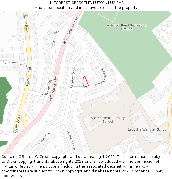 1, FORREST CRESCENT, LUTON, LU2 9AR: Location map and indicative extent of plot
