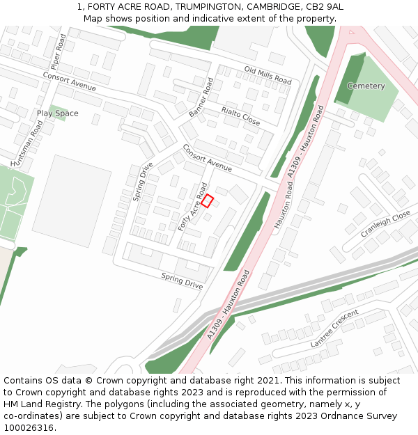 1, FORTY ACRE ROAD, TRUMPINGTON, CAMBRIDGE, CB2 9AL: Location map and indicative extent of plot